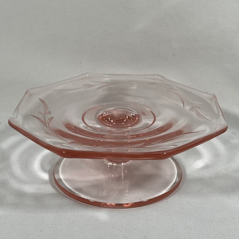 Vintage 5” Pink Depression Glass Octagonal Footed Plate Stand Etched Pedestal
